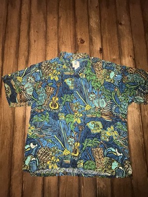 Kahala Hawaiian Islands XL Aloha Shirt Rayon Made In Hawaii Tiki Fish Ukulele