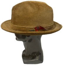 Vintage London Fog Tan Corduroy Fedora Hat Feather Accent Size 7 3/8