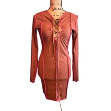 NWT PrettyLittleThing Womens Overlock Seam Lace Up Bodycon Dress Brown Size 8