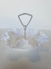 Vintage Fenton Hobnail Milk Glass 5.5" Ruffled Handle Tidbit Tray Dish 🤍✨