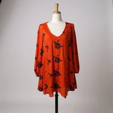 Free People Dress Emma Swing Mini Sz Sm Orange Embroidered Floral Boho Hippie
