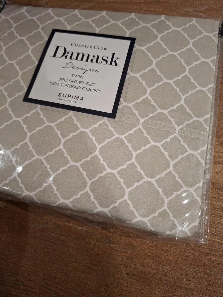 Juego de sábanas Charter Club Damask Stripe 550 Supima Twin 3 piezas nuevo geo invertido Foto 3 de 4