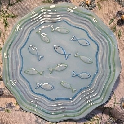 White Barn Candle Company Fish Plate Aqua Blue With Swirls Of Color On Edge