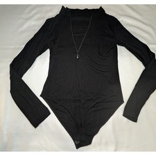 Bodysuit Womens One Size Black Good Zip Front Mock Neck Long Sleeve