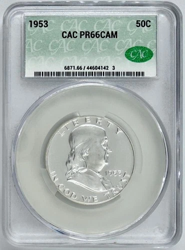 1953 Franklin Half Dollar Proof CAC PR66CAM PF 66 CAMEO Frosty Silver Coin 50C