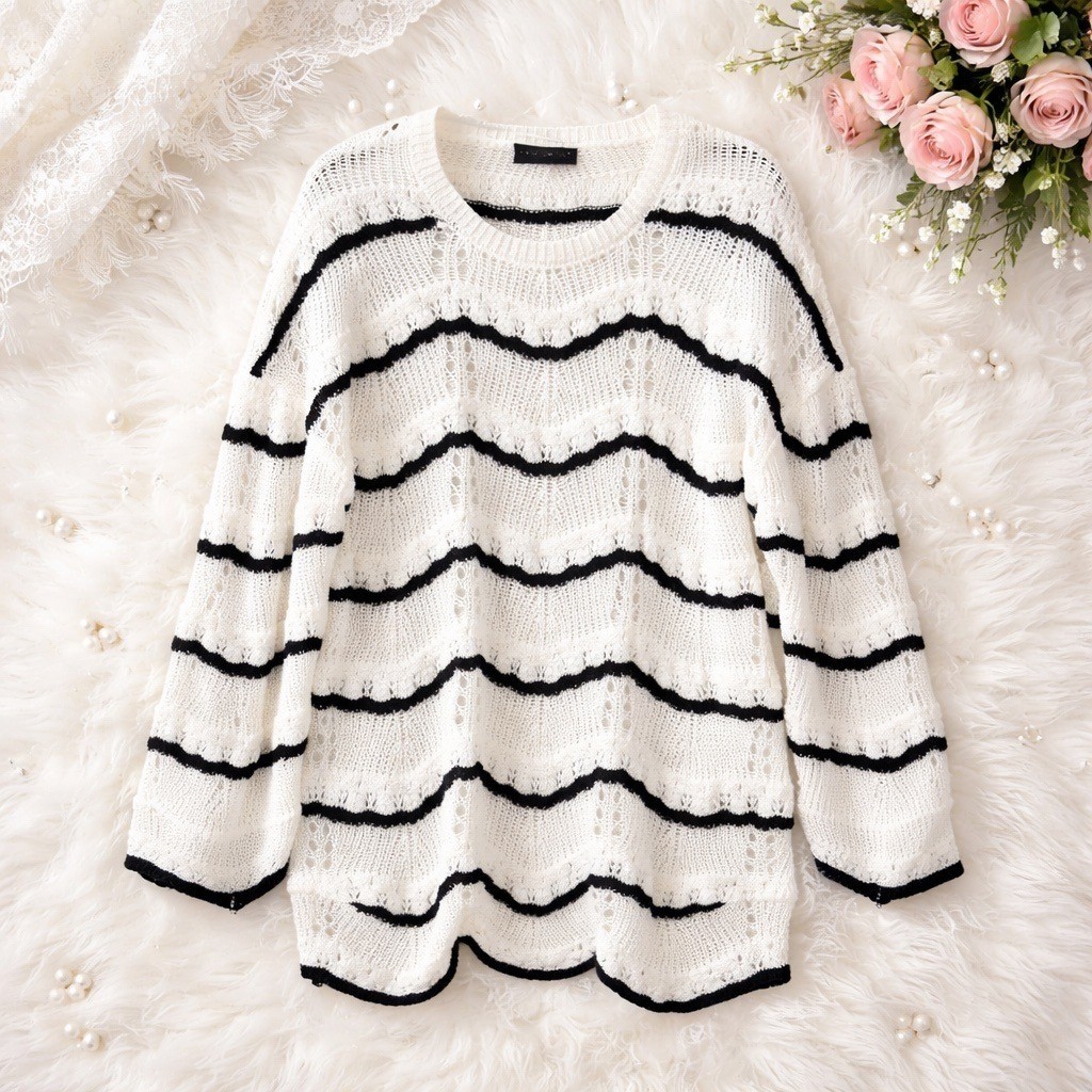 Lane Bryant Women 18/20 White Black Wave Stripe Open Knit Crochet Sweater Top