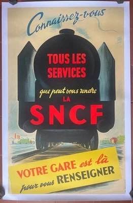 Affiche entoilée TOUS LES SERVICES SNCF Gare Train Chemins de Fer 62x99cm 1947 - Photo 1/4