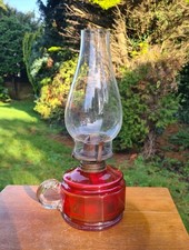 Original Victorian Cranberry facet cut Glass Finger Chamber Oil Lamp Font Burner