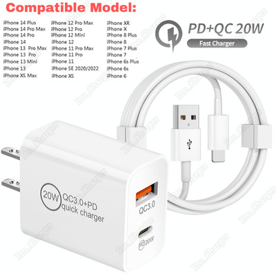 For iPhone 14 13 12 11 8 7 6 USB Cable Fast Charger QC Type C 20W Power Adapter