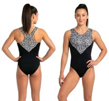 GK Elite VTG Racerback Tank Leotard Size AL Metallic Fleck Geometric Black White