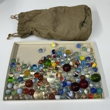 Vintage Glass Marbles Huge Lot Multi Colors Sizes In Green Drawstring Bag