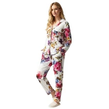 Soma Medium Pajama Set Floral White Purple Pink Button Up Long Sleeve Pants 1784