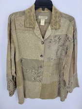 Citron Top Womens Small Tan Art to Wear Floral Patchwork Long Sleeve Boho Tunic