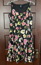 VTG Chaps Dress Women’s 12 Black Bright Colorful Floral Fit & Flare Sleeveless