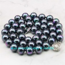 8/10/12/14mm South Sea Black Peacock Round Shell Pearl Beads Necklace 16-36"