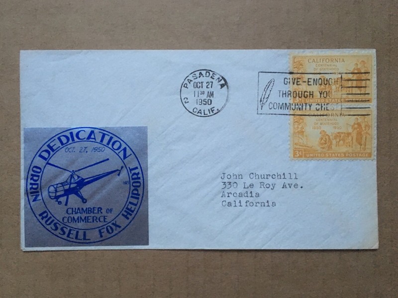 1950 ORRIN RUSSELL FOX HELIPORT DEDICATION Cover, Pasadena / Los Angeles, CA