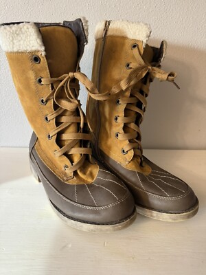 Muk Luks Lori Tan & Brown Sz 38 7.5 Mid Calf Faux Lambs Wool Trim, Side Zipper