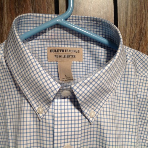 Duluth Trading Shirt Mens Large Blue / White Plaid Wrinkle Fighter Button Up - Picture 4 of 5