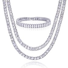 18"  22" Double Tennis Chain  2 Row Bracelet SET Men's Women's Silver Toned S