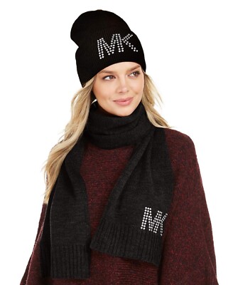 MICHAEL KORS Black Dome Studded Folded Cuff Hat Muffler Scarf Gift Set  piece