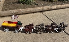 VTG Cast Iron Coca Cola Clydesdale Horse Drawn Beer Wagon Barrels Drivers Toy 2