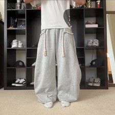 Mens Grey Baggy Sweatpants Wide Leg Rope Draw...