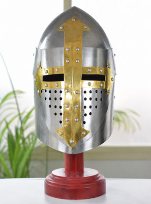 Medieval Knight Templar Helmet with Wooden Display Stand Steel Great Helm Armor
