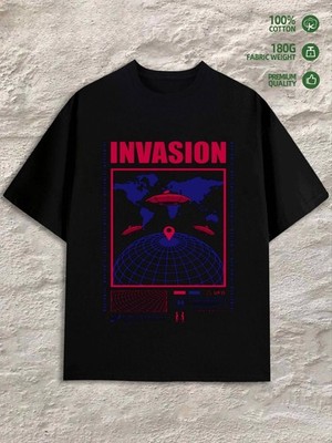 Alien Invasion Tee  100%, 180G, Plus Size, Black, Comfortable Loose Fit, Fashi