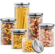 Kitchen Canister Set. 6 Glass Jars with Lids (Stainless Steel) Lids. Airtight...