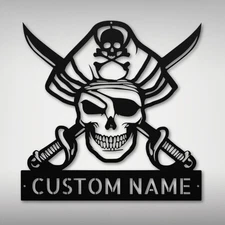 Custom Pirate Skull Metal Wall Art Sign Personalized Home Decor Skeleton Piracy