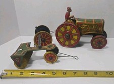 VTG-LOUIS MARX-TIN LITHO-AMERICAN TRACTOR-W/DRIVER  2 ATTACHMENTS-NEEDS REPAIR