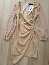 ZESICA Beige Solid Chiffon Wrap Dress Ruched V-Neck Long Sleeve Lined S