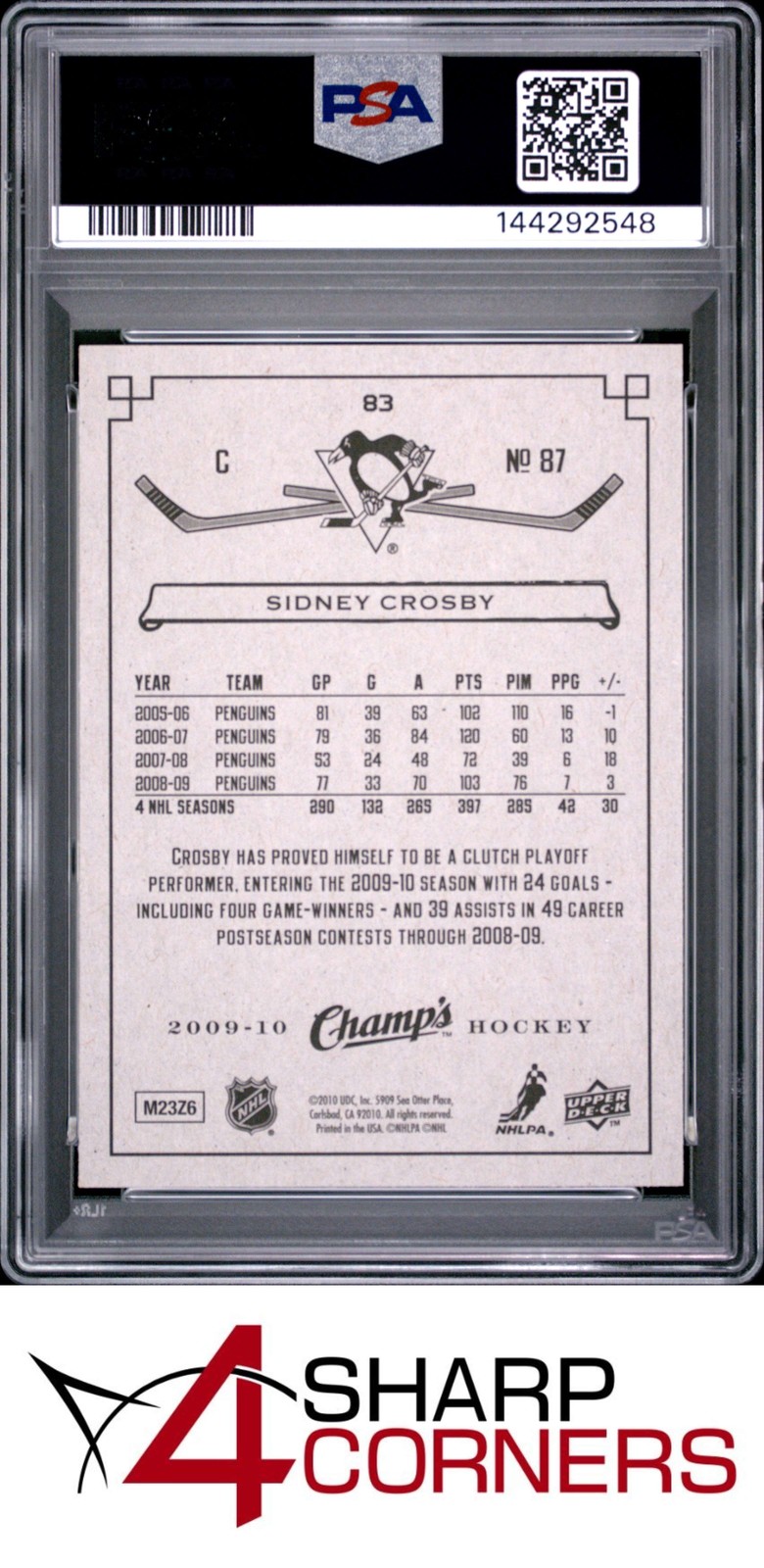 2009 UPPER DECK CHAMP'S #83 SIDNEY CROSBY PENGUINS POP 5 PSA 9 view 2