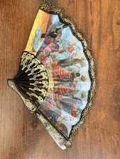 Decorative Spanish Hand Fan Painted Scene Lace Trim Gold Iberian Peninsula