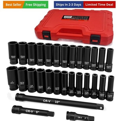 1/2'' Drive Impact Socket Set, 29 Piece Deep Socket with Extension Bar, Cr-V S...