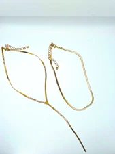 Gold Tone Herringbone Choker & Y-Lariat Layered Necklace Set for Women