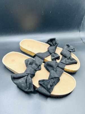 NEW Women Size US 9.5 Black Knot Bow Slide Sandals Textile Upper Arch Support