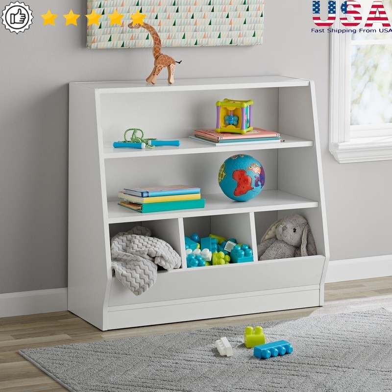 Kids Bookcase W/ Two Shelves & Three Storage Bins Playroom Organization New