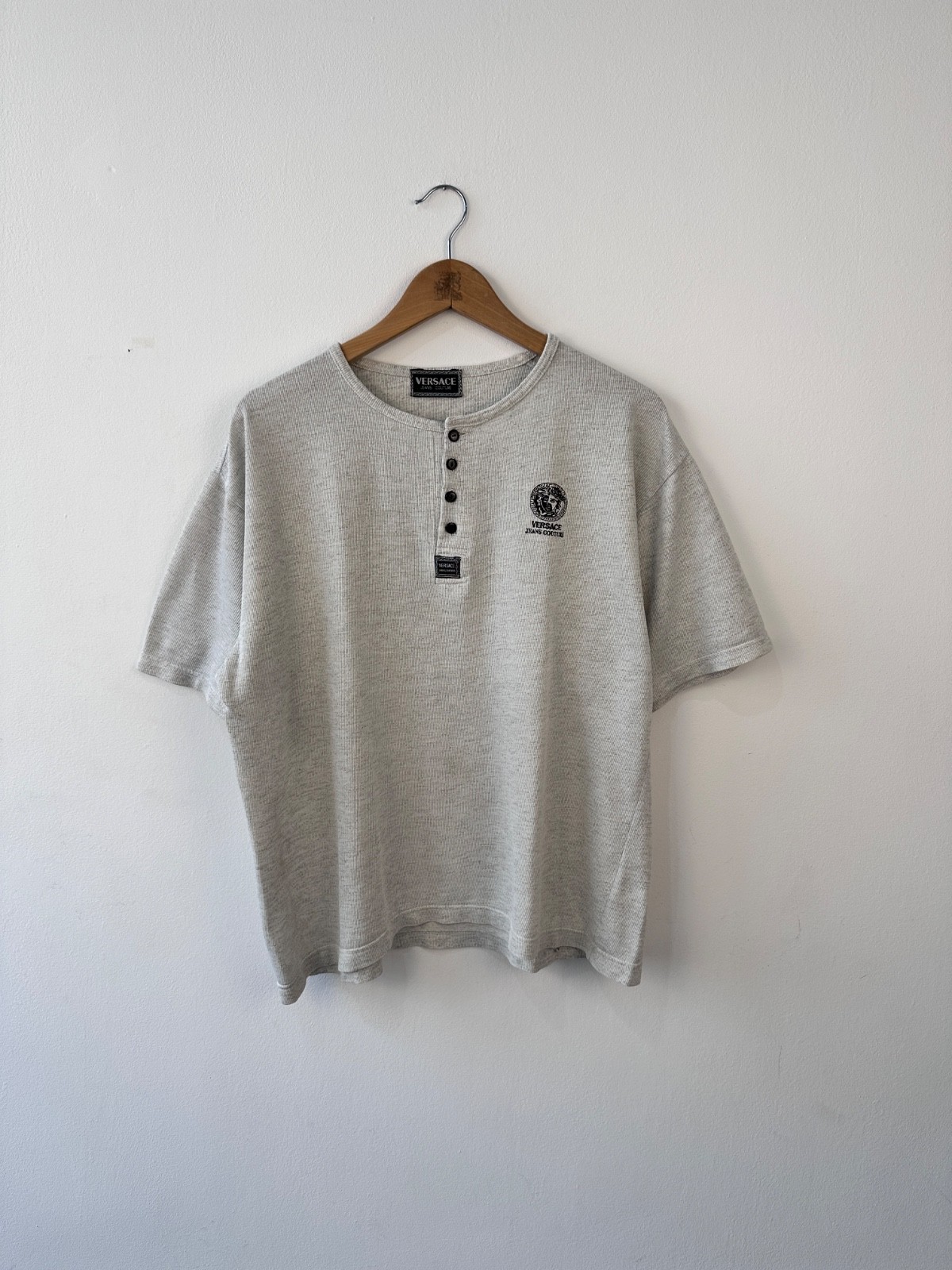 Vintage Versace Jeans Couture Henley Shirt Men's Grey Medusa Logo Ribbed Tee XL