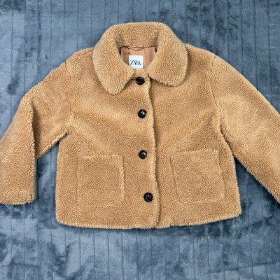 Zara Womens Teddy Faux Shearling Jacket Camel Tan Button Front Size Medium