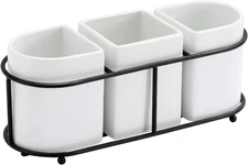 3 Piece Porcelain Flatware Holder Caddy with Metal Rack, Utensil Holder Caddy fo
