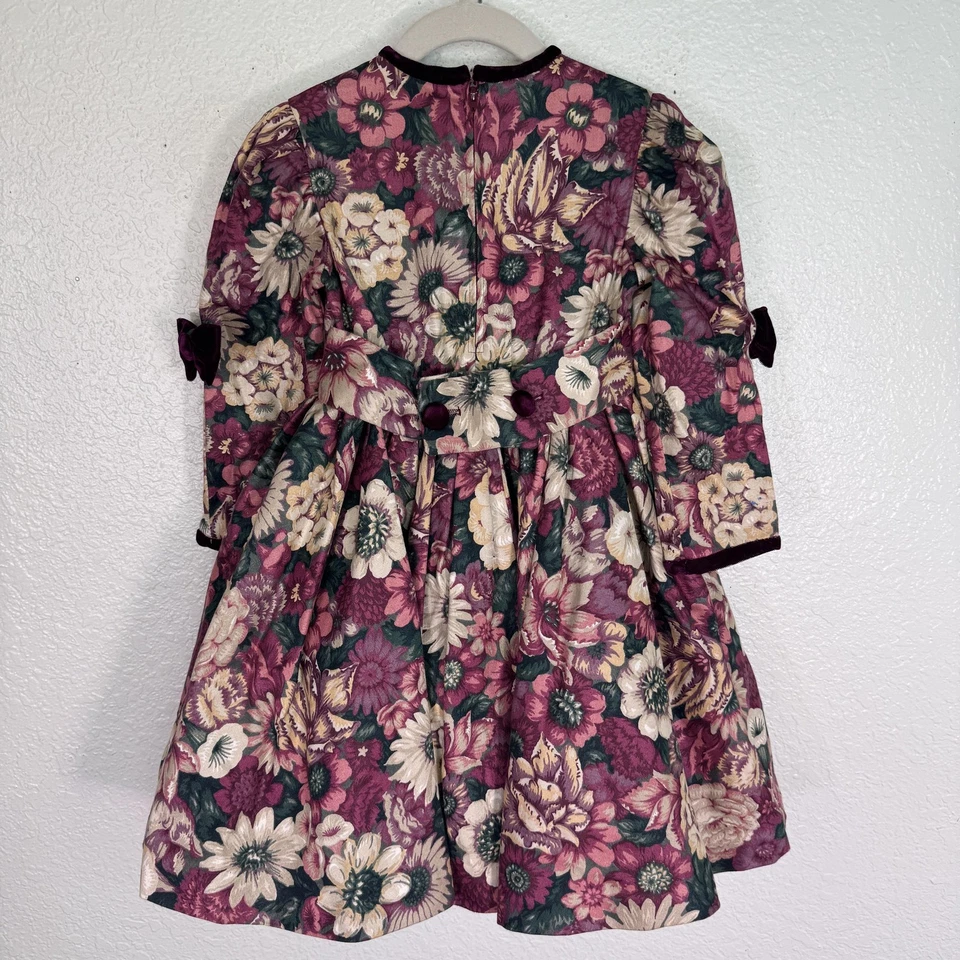Vestido Vintage Jayne Copeland Niñas 4 Lazos Florales Terciopelo Tul EE. UU. 90s Borgoña Foto 2 de 4