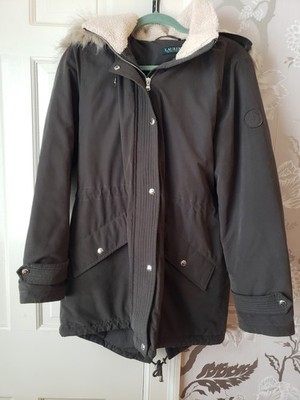 Lauren Ralph Lauren Jacket Coat Womens Sz L Black Parka FauxFur Hood Lined 55635