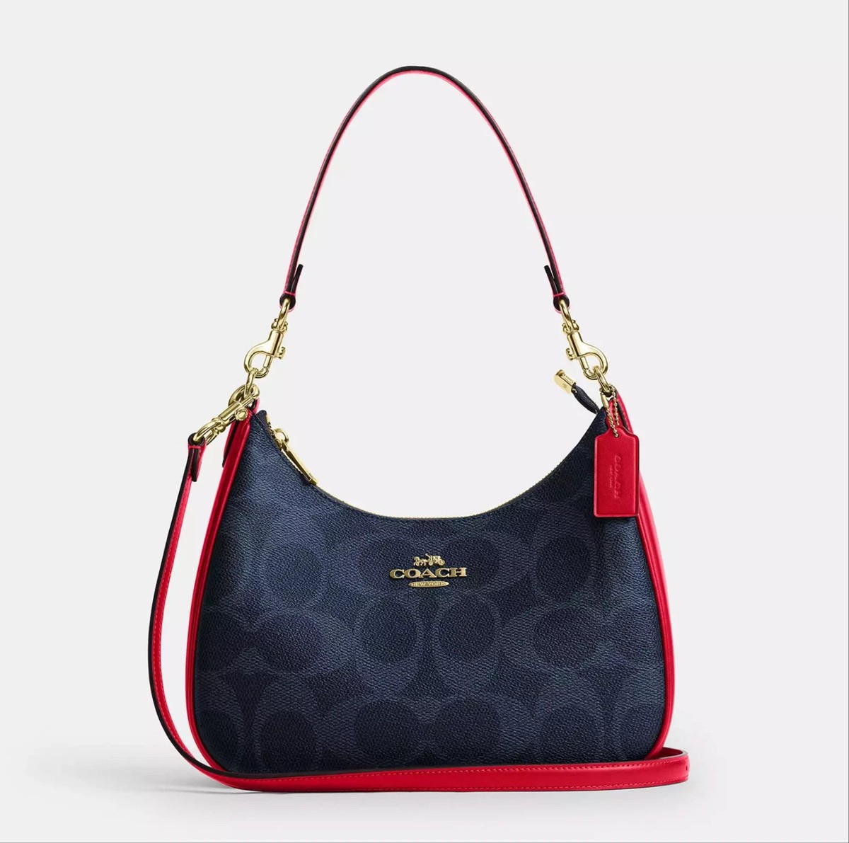 COACH Teri Hobo Bag In Signature Canvas Denim/Bold Red CAL52