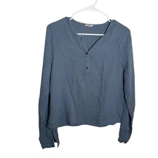 ANA Blouse Women's Small Blue V-Neck Gauze Casual Long Sleeve Top Shirt