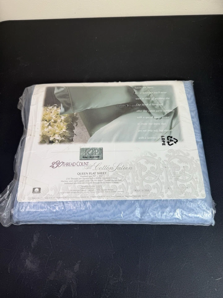 Sábana plana JCP Home Collection Queen 230TC todo algodón satén azul nuevo en paquete EE. UU. Foto 2 de 2