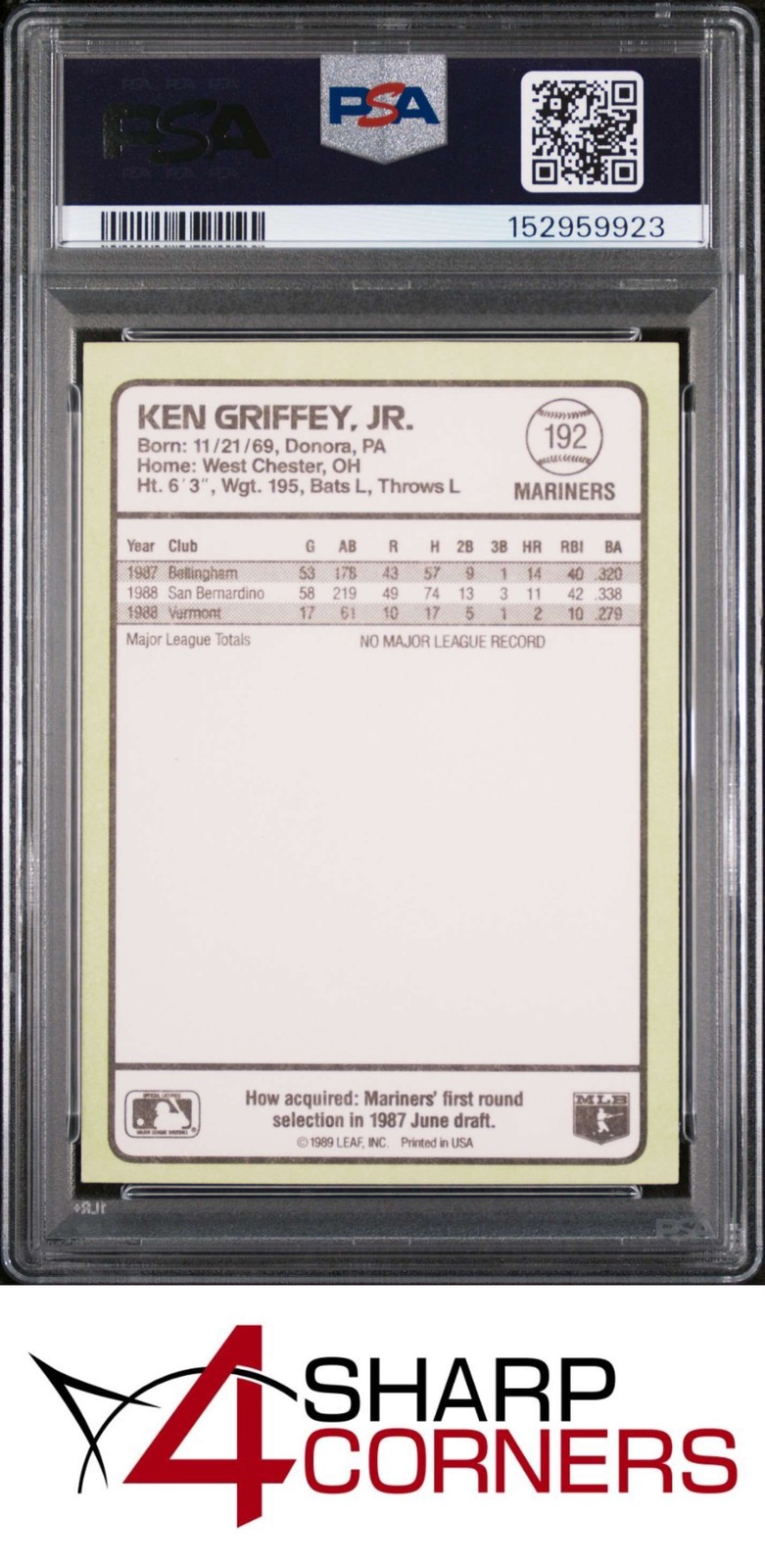 1989 DONRUSS BASEBALL'S BEST #192 KEN GRIFFEY JR. RC HOF PSA 9 view 2