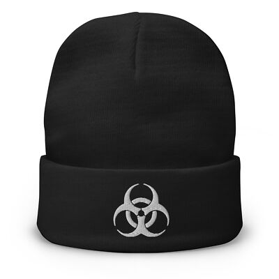 Bio Hazard Symbol Warning Sign Embroidered Cuff Beanie Zombie White Thread 