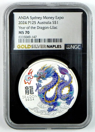 2024 $1 Australian Lunar - Lilac Dragon 1 Oz .9999 Silver Coin - NGC MS 70 -Expo