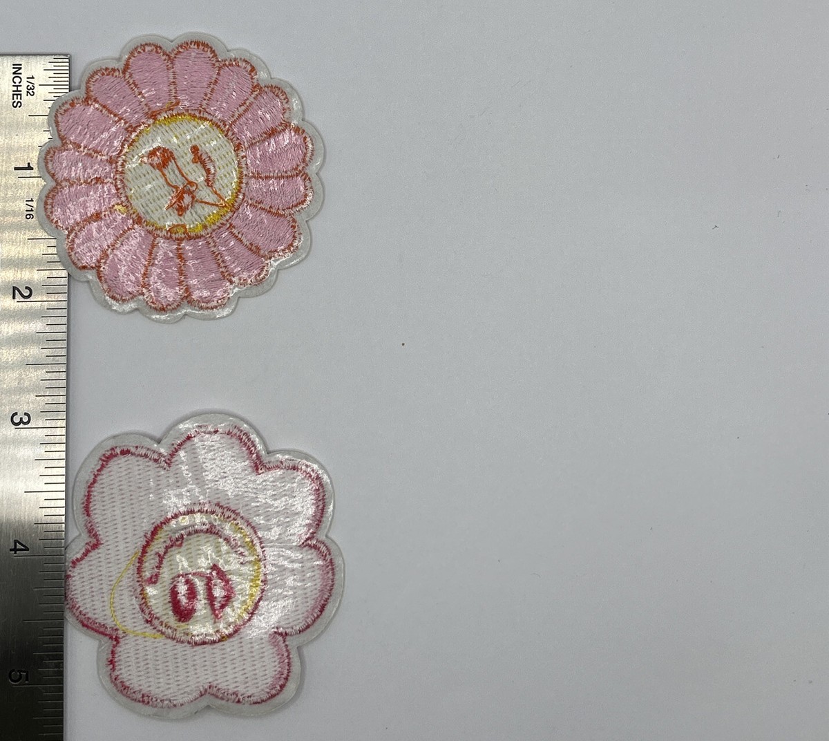 Two (2) Pink Flower Smiley Embroidered Iron-On/Sew-On Patches P184